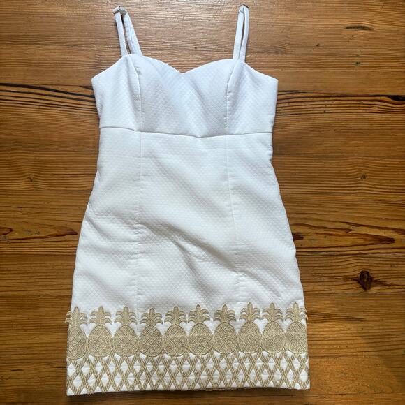 Lilly Pulitzer white quilted gold pineapple trim sleeveless dress SIZE 0 - Picture 2 of 6